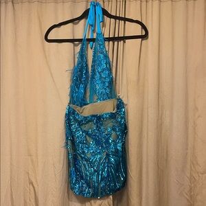 Blue XS Sequin LINED Halter Mini Dress Turquoise Back Zip Feathers Worn 1X